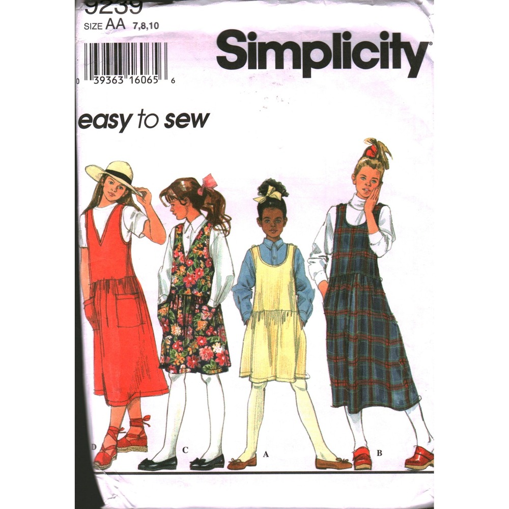 Simplicity 9239 Girls Jumper Sewing Pattern Size 7 8 10 Easy to Sew Vintage